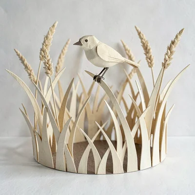Papercraft motif of a paper-cut reed bed with a small folded-paper bird perched 