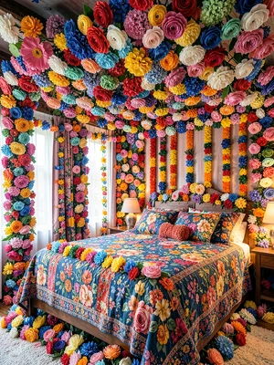 A canopy bed draped in flower garlands — ceiling to floor, every fabric covered 
