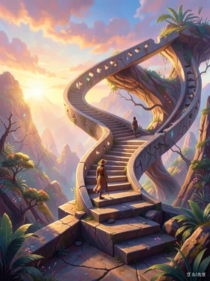 Staircase that loops in Escher-like impossible geometry, person walking, warm li