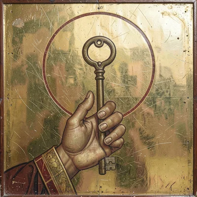 Close-up of a hand holding an object — a key — against gold ground