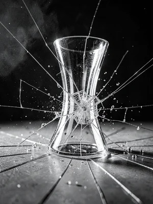Crystal vase at moment of impact with floor showing fracture lines propagating