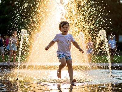 Child running through fountain spray backlit by sun, water drops becoming stars