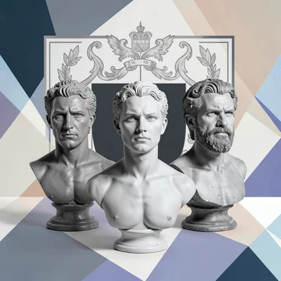 Flat geometric promo banner of three hero busts arranged in a triangle compositi