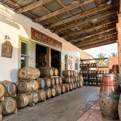 Chattel house colors in Barbados afternoon light, Mount Gay warehouse, rum barre