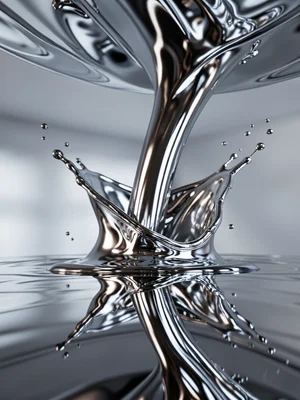 Chrome stream pouring and pooling, mirror-flat puddle reflecting ceiling while s