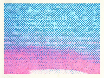 Dense all-over risograph pattern of tiny triangles in blue and pink, the drum ro