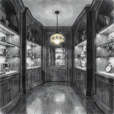 Atmospheric charcoal interior of a nouveau showroom with whiplash-curve vitrines