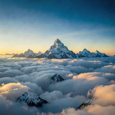 Crisp Alpine clarity, formal composition, Mountain peak emerging from sea of clo