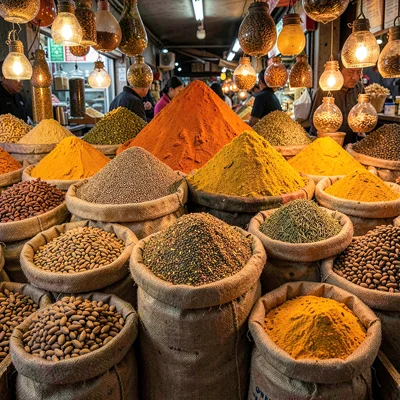 Densely layered composition, rich saturated colors, Spice market stall with open