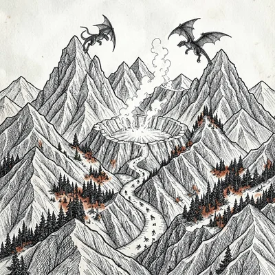 A fictional dragon-roost map of a craggy mountain range with three dragon silhou
