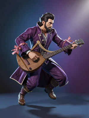Mid-stride troubadour in plum-velvet coat with ribboned cuffs, hand-harp held mi
