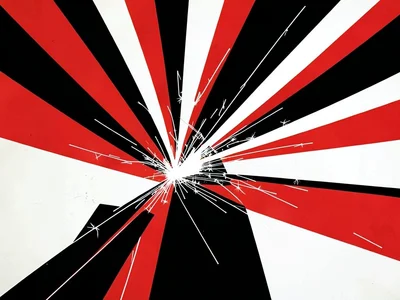 Welder's sparks radiating from a figure — geometric rays in red, white, black