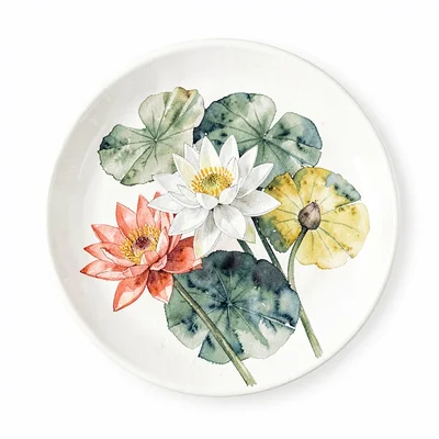 Gouache botanical of a water lily plate with three blooms in coral, white, and y