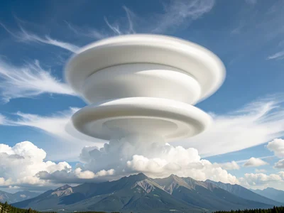 Lenticular cloud stack over a distant mountain — three smooth disc shapes hoveri