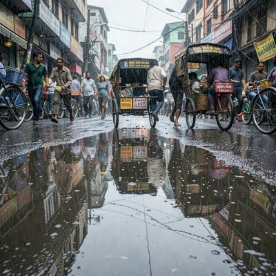 Kinetic density of Dhaka, Bangladesh, Monsoon puddle reflecting rickshaw wheels 