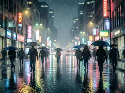 A city intersection at night in heavy rain, every light doubled in the flooded s