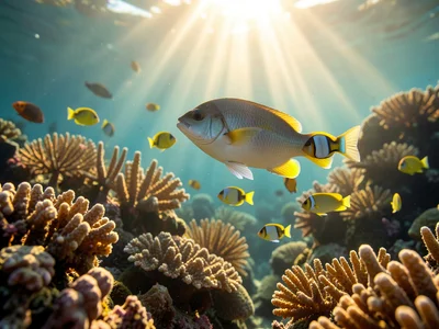 Coral reef underwater scene with tropical fish and shafts of sunlight