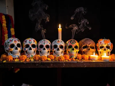 Row of sugar skulls on altar shelf