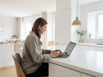 Person typing on a laptop at a bright kitchen island, open plan apartment behind
