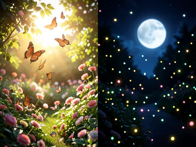 Garden, left half butterflies and sunshine, right half fireflies and moonlight
