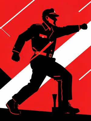 Factory worker silhouette in a powerful diagonal lunging pose, red and black