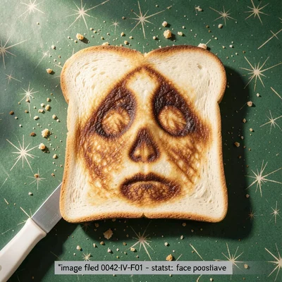 A single slice of well-toasted white sandwich bread photographed straight down on a worn green Formica kitchen counter, 