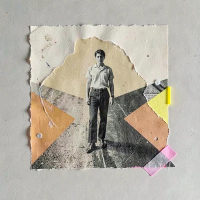 Torn-paper collage of a figure standing at a fork in a halftone path, warm marma