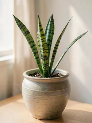 One sturdy ceramic flowerpot holds a snake plant showing tall sword-shaped leave