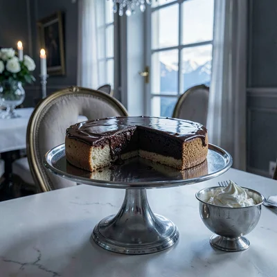 Crisp Alpine clarity, formal composition, Sachertorte on cake stand with single 