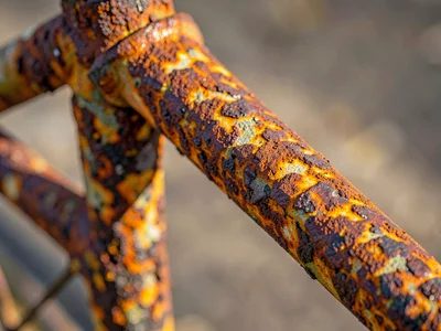 Rusted bicycle frame, childhood memory decaying, nostalgic oxidation