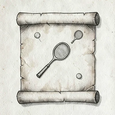 Legend card drawn as a parchment scroll with tiny racket, ball and net icons, fi