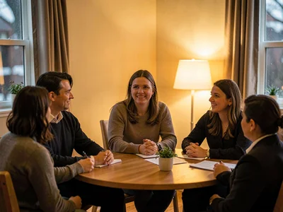 Lamp-lit group portrait of three borrowers at a circle-of-trust meeting, warm tu