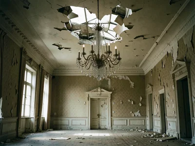 Grand ballroom of an abandoned hotel, chandelier still hanging, wallpaper peelin