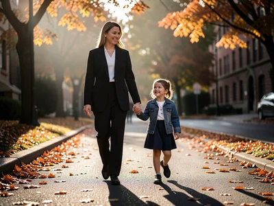 Parent walking child to school, hand in hand, autumn morning light