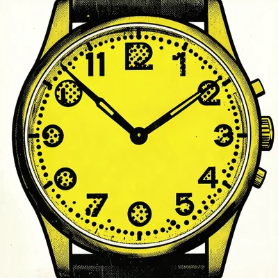 Wristwatch close-up — flat yellow gold, bold outlined numerals replaced by dots