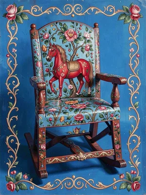 Painted rocking chair — full rosemaling coverage on back, seat, and leg stretche