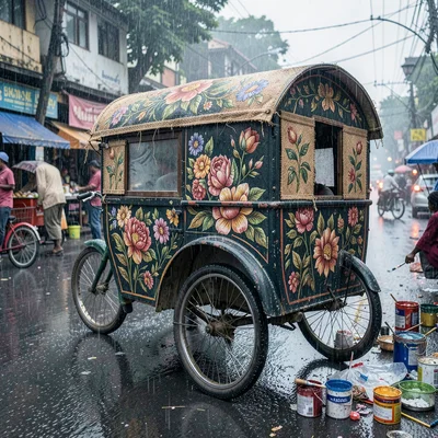 Kinetic density of Dhaka, Bangladesh, Rickshaw being repainted, artist adding fi