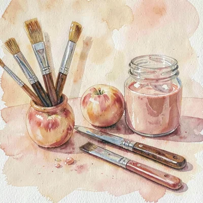 Warm gouache of a still life of brushes, palette knives and a jar of solvent, pe