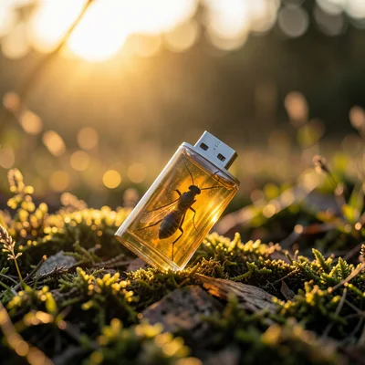 Amber containing preserved USB drive instead of insect, backlit golden glow