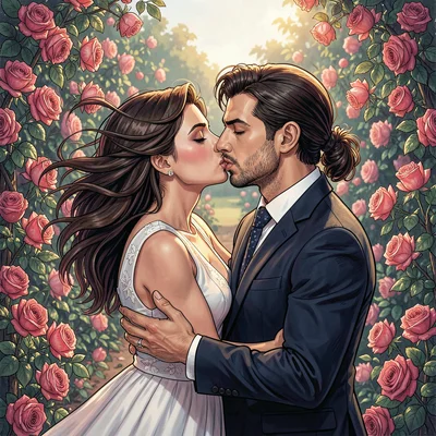 A kiss in blooming rose garden