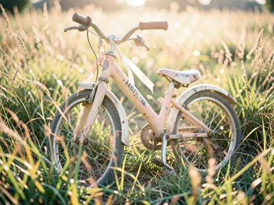 A child's bicycle abandoned in tall grass, spokes catching dying afternoon light
