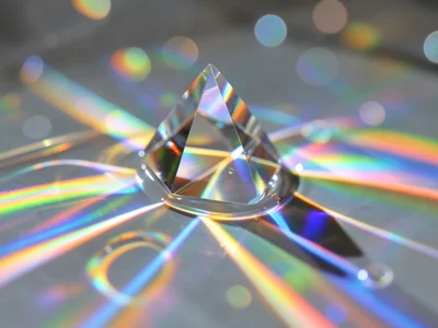 Rainbow caustic light dancing across a pool of still water, prism splitting beam