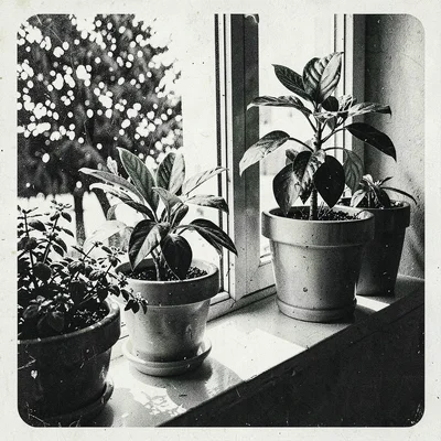Risograph-style illustration, potted plants on windowsill , spot color layer sim