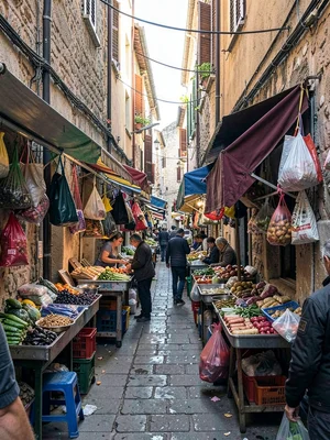 Market stalls layered in narrow alley