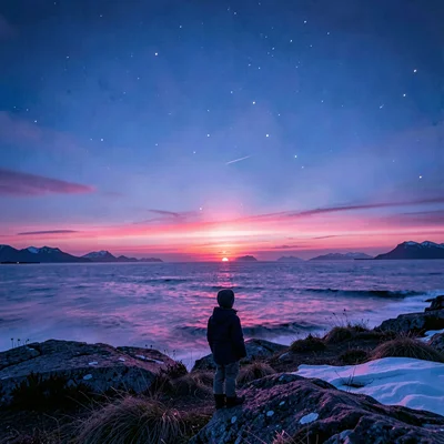 Polar liminal light, extended blue hours, A child watching the sun touch the hor