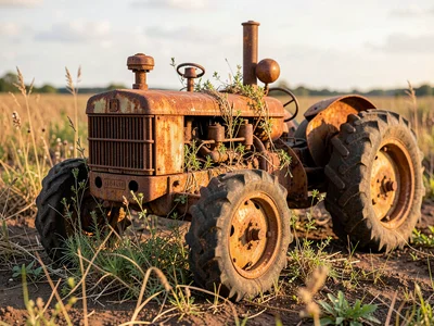 Old tractor in field, rust and weeds claiming machine, agricultural entropy
