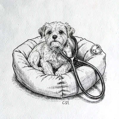 Pen-and-ink editorial of a stethoscope draped over a small dog bed, fine ink lin