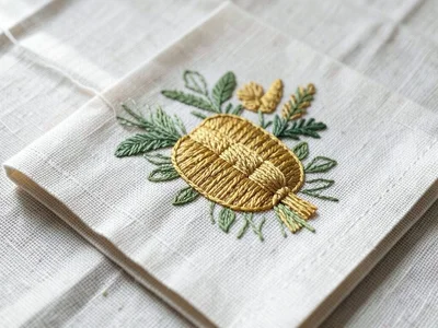 Hand-stitched cornucopia on napkin, golden thread horn with thread vegetables