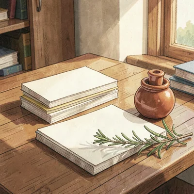 Warm illustration of a writing desk with stacked cards, terra-cotta inkwell and 