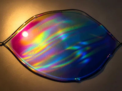 Soap film illuminated by single warm spotlight from the side, golden-magenta int